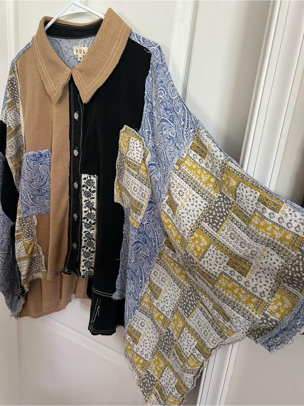 POL Button Shirt NWT Dolman Sleeve Mixed Fabric Western Patchwork Boho Oversized - Picture 5 of 11